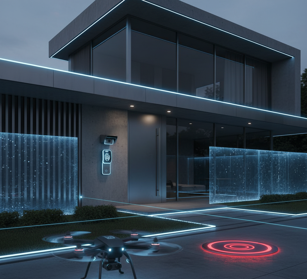A modern, minimalist home exterior at night featuring advanced security technology. A quadcopter drone hovers in the foreground above a red glowing landing pad. The house entrance has a bright blue biometric hand scanner next to the door, and the architecture and perimeter are accented with sleek, neon-blue security lighting and digitized glass wall panels.