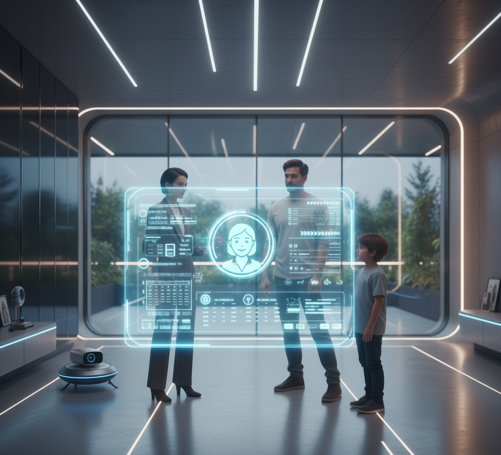 A family (a man, woman, and young boy) in a modern, futuristic interior, standing in front of a massive, glowing holographic display. The interface features biometric data, user profiles, and security statistics, suggesting an advanced, integrated AI and monitoring system in a smart home. A small, black robotic assistant is on the floor to the left.