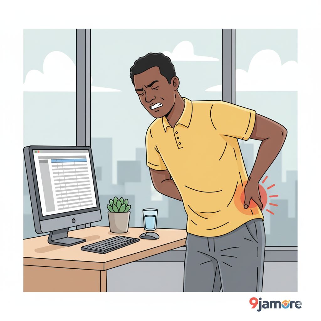 Vector illustration of a standing male office worker holding his lower back in pain.
