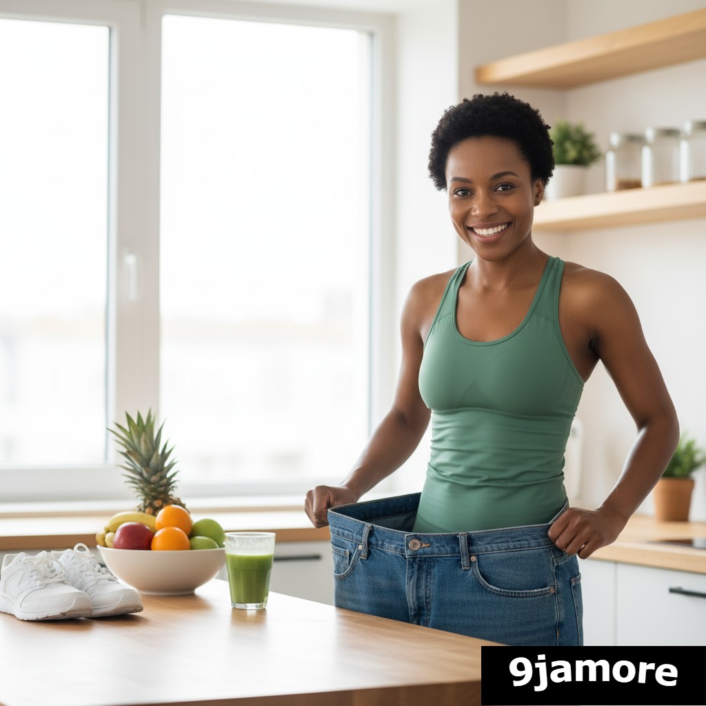 Happy African woman in a kitchen holding out her oversized jeans, symbolizing successful and healthy weight loss achievement.