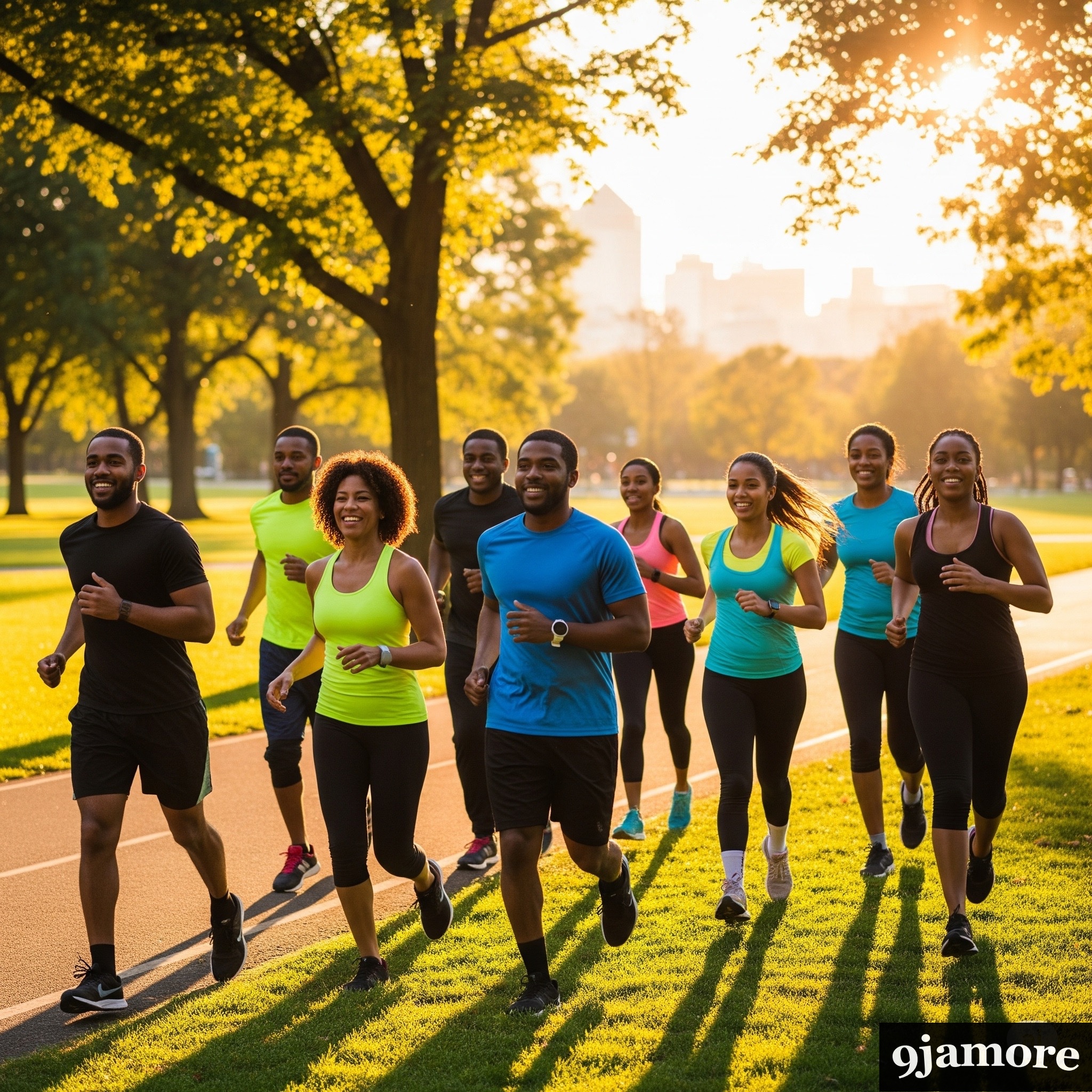 IMG_0616 Diverse group of happy Nigerian men and women running together on a track in a sunny park at sunset, symbolizing community fitness and wellness