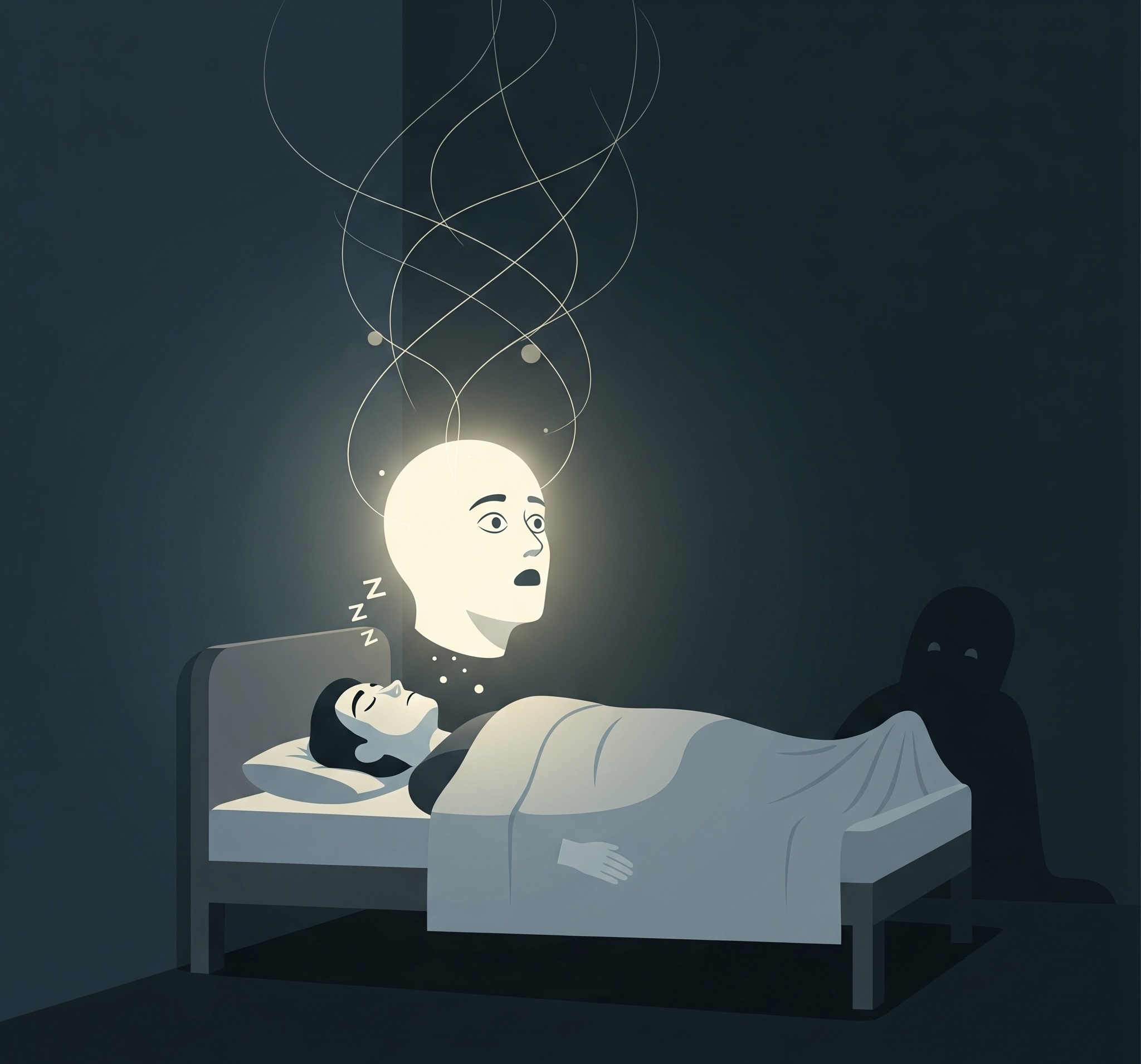 Sleep Paralysis IMG_0624 Illustration of a person sleeping while their glowing, startled head is lifted from their body by swirling lines, symbolizing insomnia, nightmares, or anxious thoughts at night.