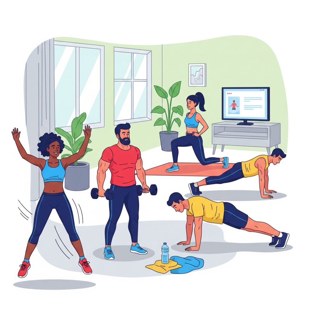 Vector illustration of four people exercising in a home setting, demonstrating various fitness routines like jumping jacks, lunges, and planking.