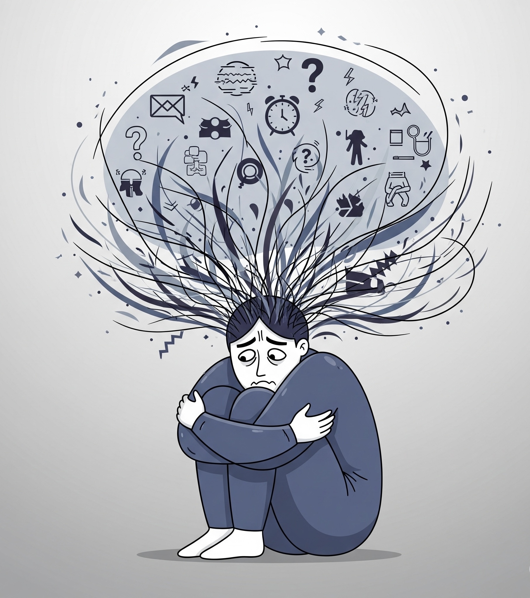 Vector illustration of a person sitting and curled up, looking stressed or overwhelmed with abstract worries bursting from their head.