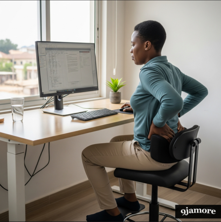 Woman in an office holding her lower back due to pain while sitting at a computer desk with an ergonomic cushion.