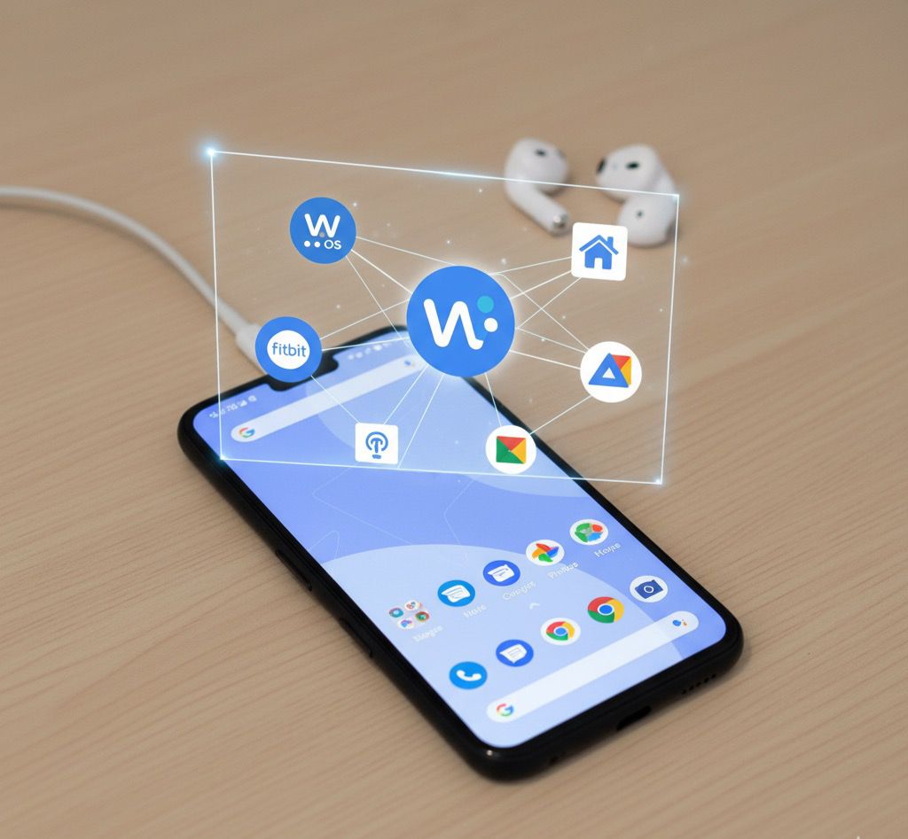 A Google Pixel smartphone connected to a charging cable, with a holographic display above it showing a network of various application icons. These apps, including Wear OS, Fitbit, and Google Home, are visually linked, indicating their connectivity and integration with the Pixel device. In the background, wireless earbuds are visible.