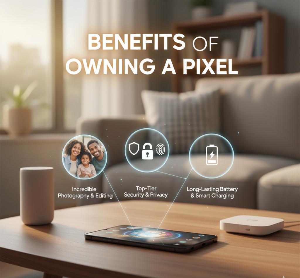 Pixel Phone A user's hand holding a Google Pixel phone outdoors, demonstrating a key feature like the Magic Eraser or Pixel camera capabilities. The bright, high-quality photograph emphasizes the benefits of advanced software and exclusive features of owning a Pixel device.