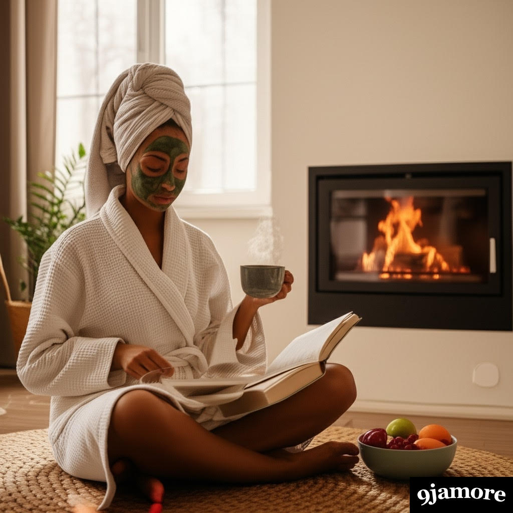 A woman with a green clay face mask and a towel wrapped on her head, sitting cross-legged in a white robe, reading a book next to a warm fireplace with a bowl of fruit nearby.
