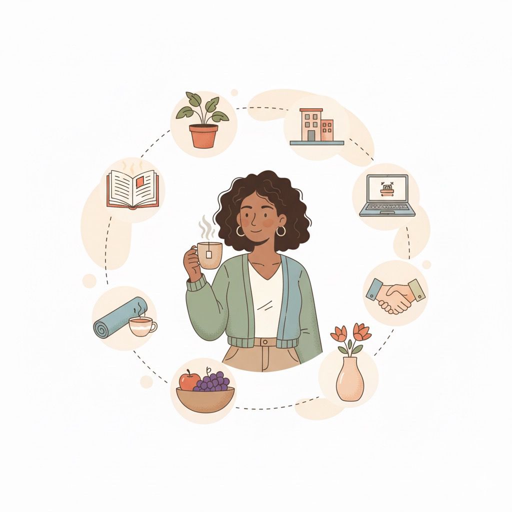 Vector illustration of a woman enjoying self-care and relaxation by a fireplace, wearing a white robe and face mask while reading a book and sipping a hot drink.