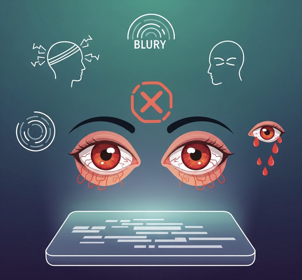 Illustration depicting symptoms of severe digital eye strain, including bloodshot, red eyes with visible veins, tear drops of blood, blurry vision, headaches, and a sense of pressure from a screen.