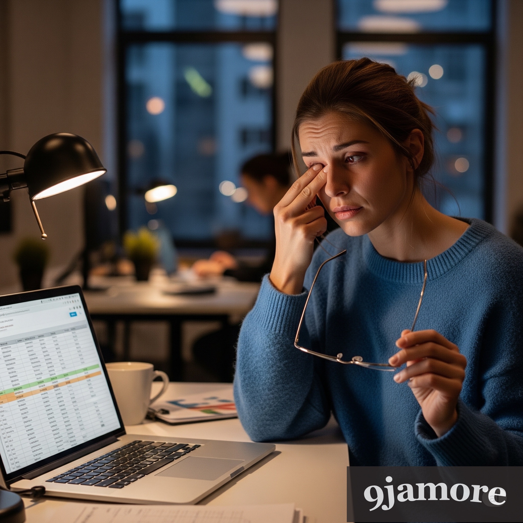 A tired-looking woman wearing a blue sweater and holding glasses pinches the corner of her eye while looking at a spreadsheet on her laptop. She is working late in a modern, low-lit office setting.