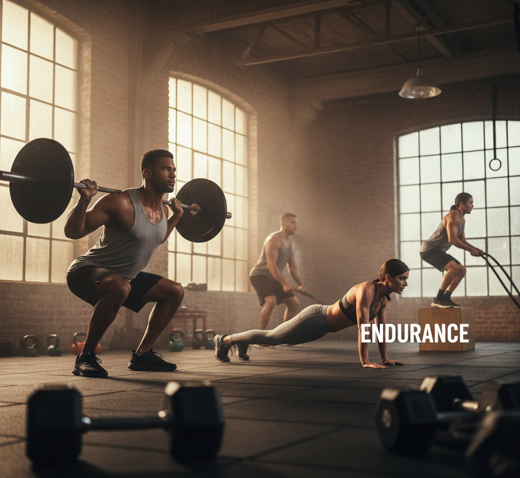 Four people performing intense, high-repetition exercises in a rustic gym setting, including a squat with a barbell, battle rope work, and a plank, representing muscular endurance.