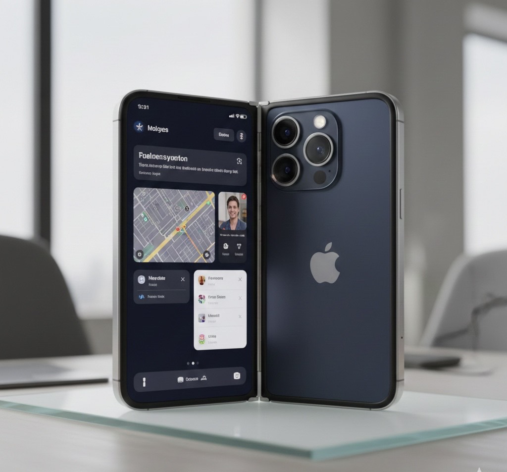 A high-tech concept design of the rumored iPhone 18 Fold, featuring a book-style foldable
display with a triple-lens camera system and a sleek titanium finish.