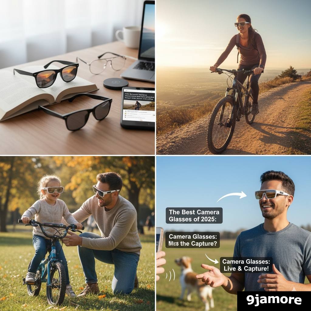 A four-panel collage advertising smart camera glasses. The top left shows several pairs of the glasses resting on a desk next to an open book and laptop. The top right depicts a woman wearing the glasses while mountain biking on a dirt trail. The bottom left shows a father helping his young daughter ride a bike, both wearing the smart eyewear. The bottom right features a man wearing the glasses with floating text captions that read "The Best Camera Glasses of 2025" and "Live & Capture!"