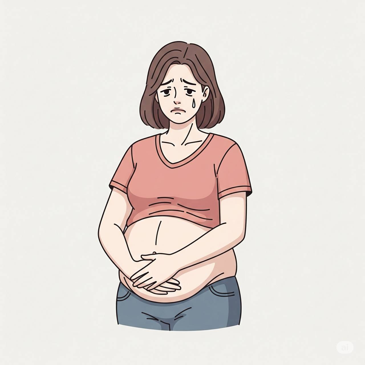 An illustration of a woman with a sad facial expression, looking down at her exposed abdomen and holding her stomach with both hands. She appears to be concerned about belly fat or bloating.
