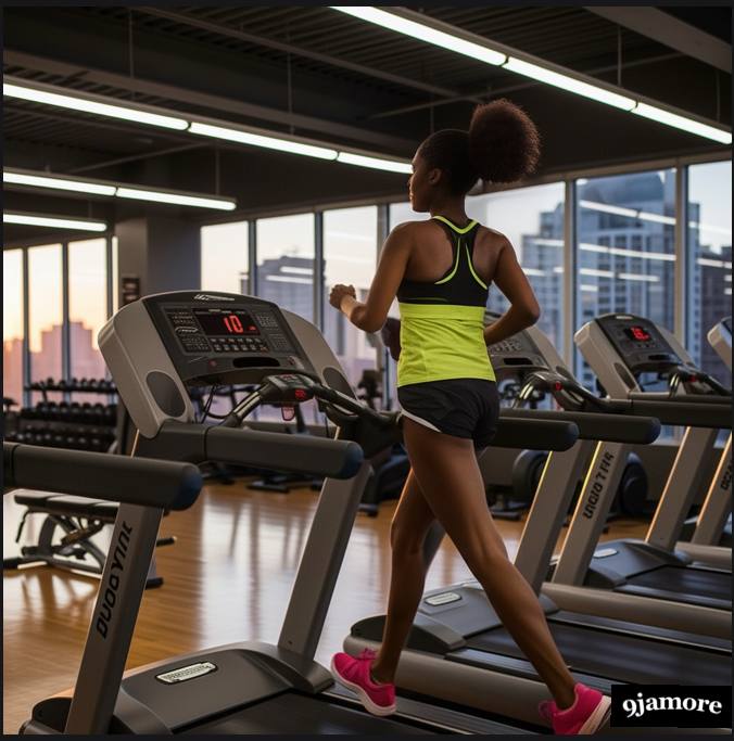 A woman performing a cardiovascular endurance workout on a treadmill in a gym during sunset.