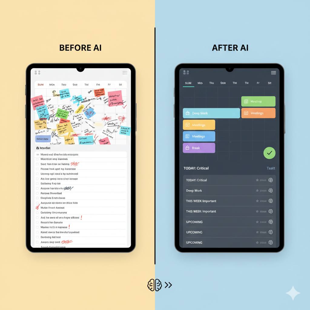 Split-screen comparison showing cluttered calendar and task list versus organized AI-managed schedule with time blocks and priorities