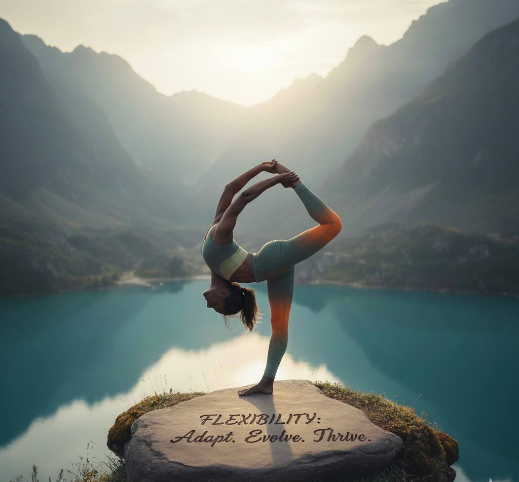 An African woman in green and orange yoga wear performing a flexible standing bow pose on a large rock overlooking a turquoise mountain lake. The rock has the inscription 