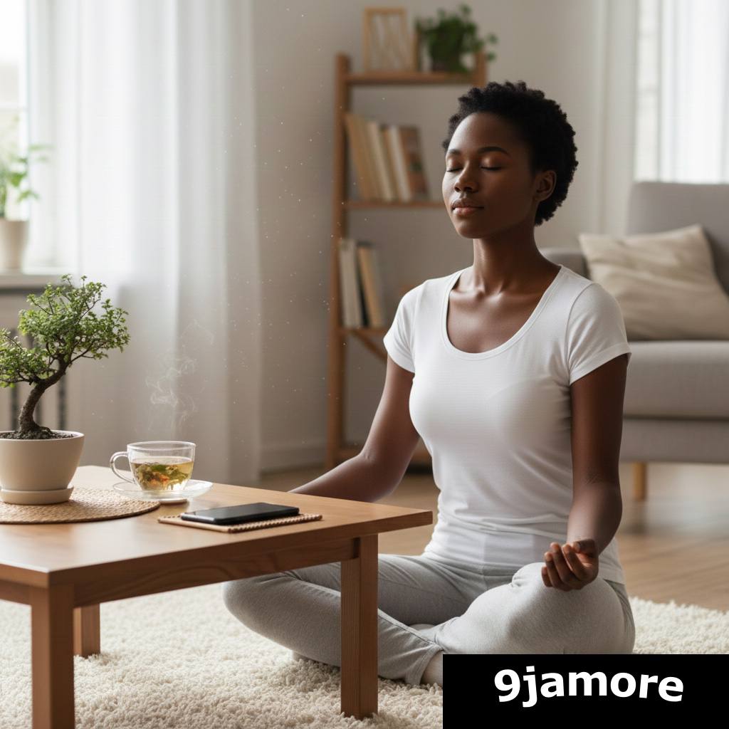 Person sitting peacefully with phone placed intentionally aside on table, showing mindful technology use and digital wellness balance