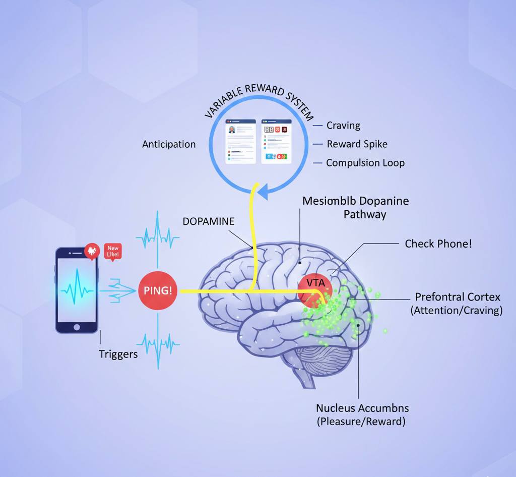 Brain diagram illustrating dopamine release cycle triggered by smartphone
notifications and social media variable reward system