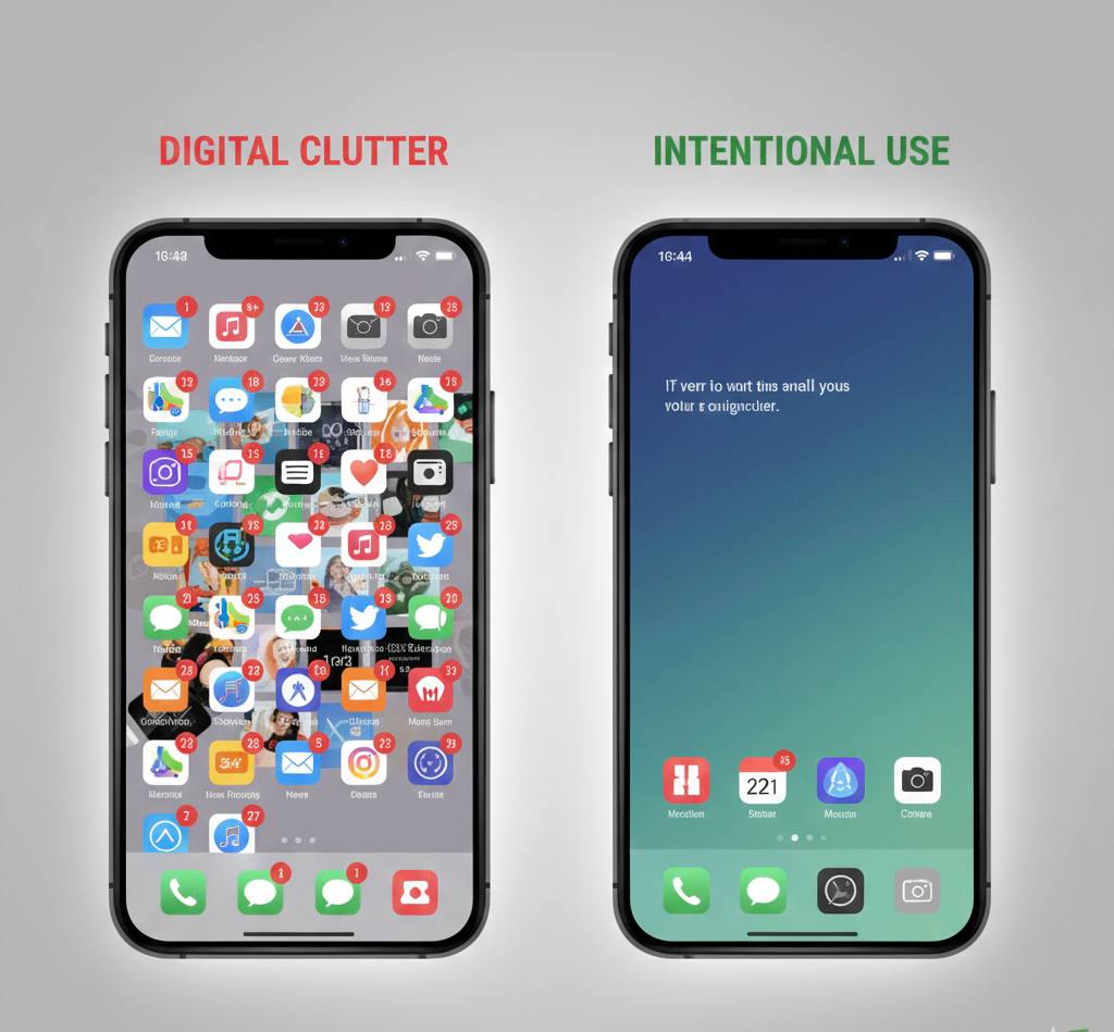 Split-screen comparison showing a cluttered smartphone home screen with
notification badges versus minimalist organized phone interface for intentional use