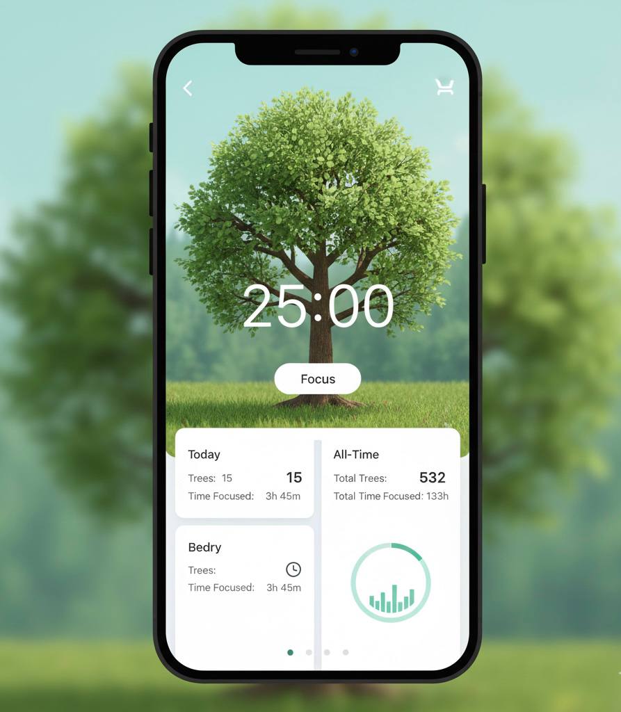 Forest app interface showing growing virtual tree timer and focus statistics
dashboard for productivity tracking and digital intentionality
