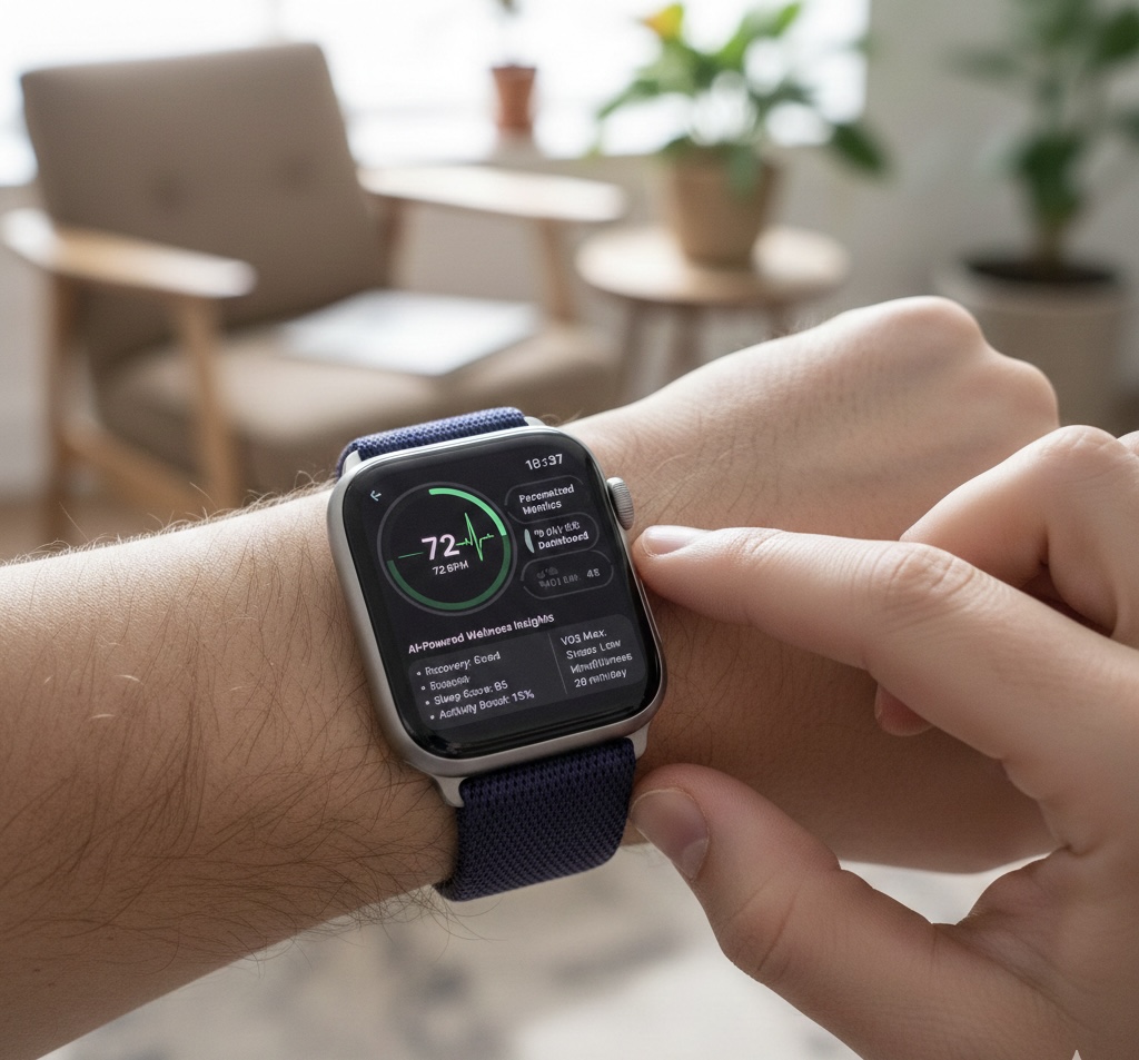 Person checking health data on Apple Watch showing heart rate monitoring with AI-powered wellness insights and personalized health metrics dashboard