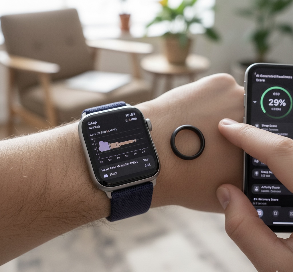 Apple Watch and Oura Ring side by side displaying sleep tracking, heart rate
variability, and AI-generated readiness scores for personalized health monitoring