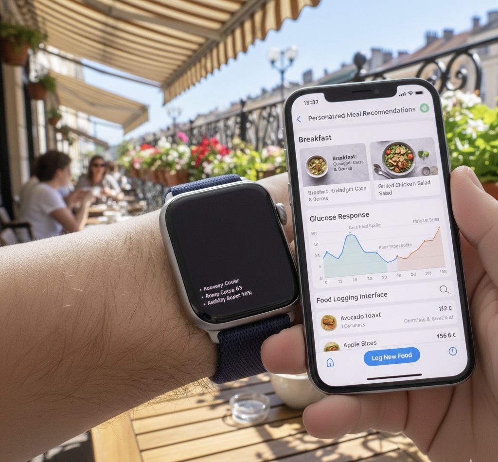 Smartphone screen showing AI nutrition app with personalized meal
recommendations, glucose response graphs, and food logging interface for metabolic health
tracking