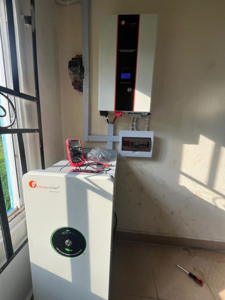 Professional installation of a Felicitysolar pure sine wave inverter and large capacity energy storage battery, ensuring long-term value and affordable solar energy for businesses.