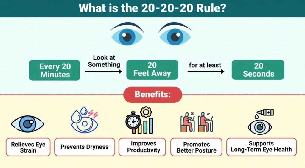 Infographic explaining the 20-20-20 rule as one of the natural ways to maintain healthy vision: every 20 minutes look at something 20 feet away for at least 20 seconds, with benefits including relief from eye strain, prevention of dryness, improved productivity, better posture, and long-term eye health.