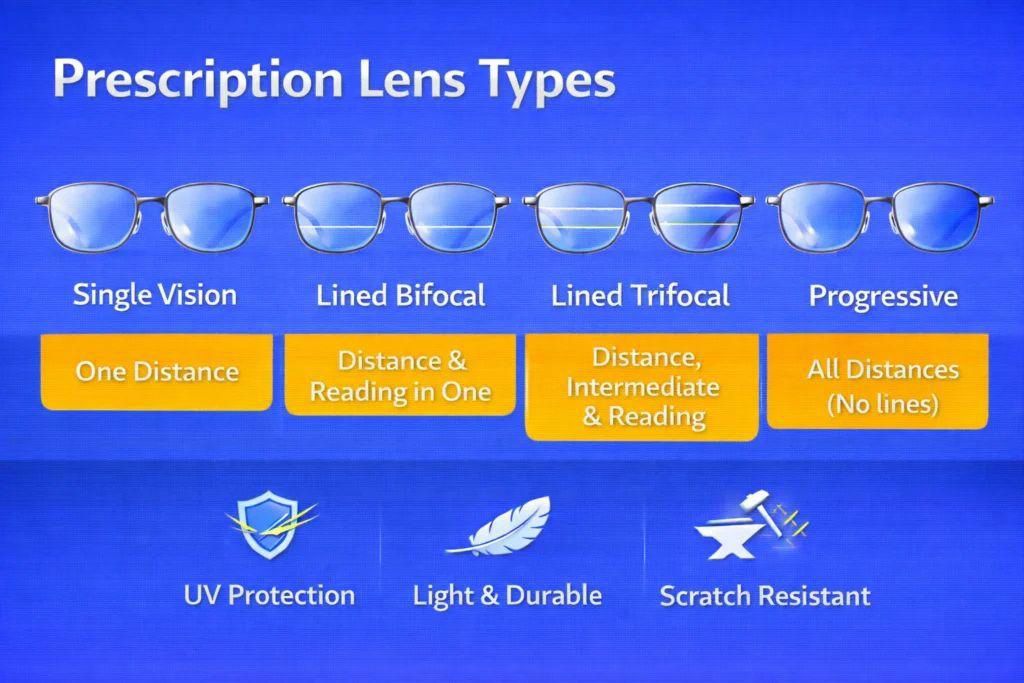 Infographic showing different types of prescription lenses for natural ways to maintain healthy vision: Single Vision for one distance, Lined Bifocal for distance and reading, Lined Trifocal for distance, intermediate and reading, and Progressive lenses for all distances with no lines, plus features like UV protection, light and durable, and scratch resistant.