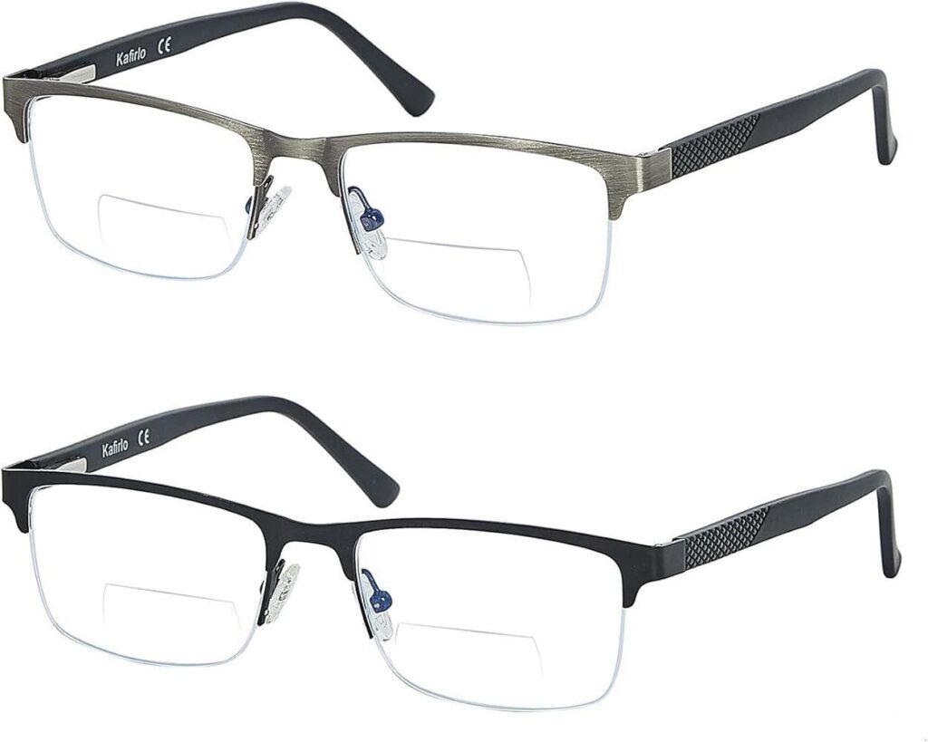 Pair of bifocal lenses in modern metal and black frames, showing the visible line that separates distance and reading prescriptions, as part of natural ways to maintain healthy vision with corrective eyeglasses.