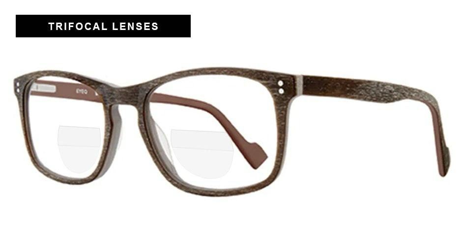 Trifocal lenses in stylish brown textured frames, showing the two visible lines that divide the lens into three zones for distance, intermediate, and near vision, as part of natural ways to maintain healthy vision with corrective eyeglasses.