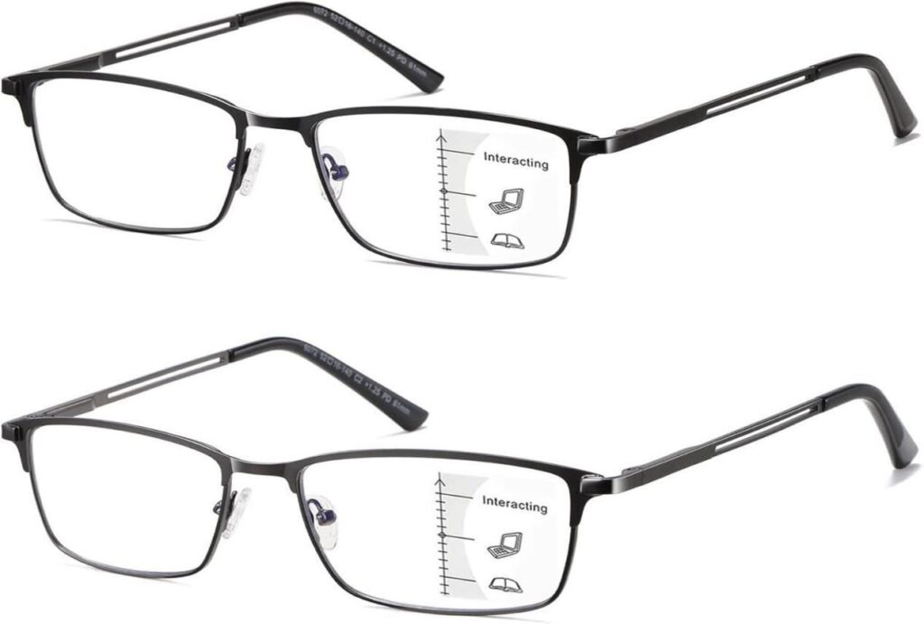 Progressive lenses in modern black metal frames demonstrating smooth transition between distance, intermediate, and near vision zones, with an overlay graphic showing the ‘Interacting’ area for computer and reading use, as part of natural ways to maintain healthy vision with no-line multifocal eyeglasses.