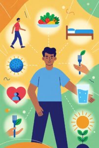 An illustration of a man standing at the center of a vibrant, multi-colored background, surrounded by various wellness-themed icons. The central figure has dark hair and skin, wearing a blue t-shirt and dark pants.