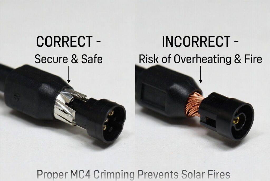 Comparison of a correctly crimped MC4 solar connector (left) and an improperly crimped connector (right) — a common solar installation safety risk.