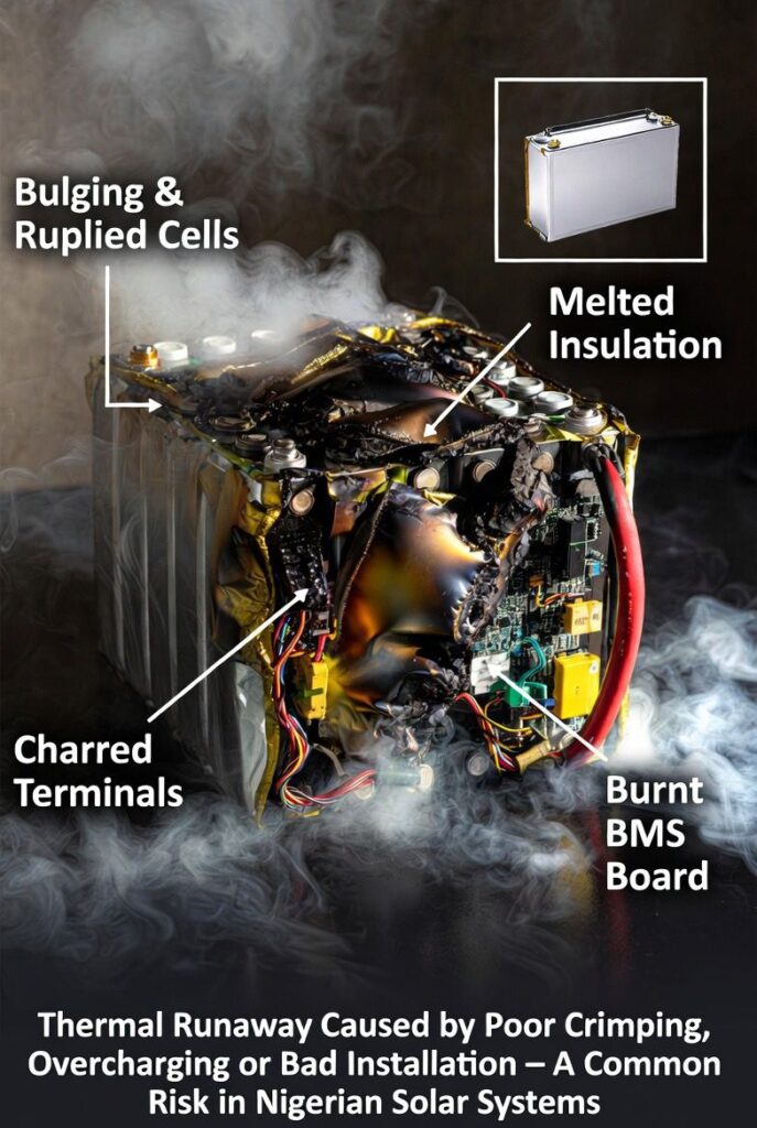 Damaged solar battery showing signs of thermal runaway — a preventable outcome with proper solar installation safety practices.